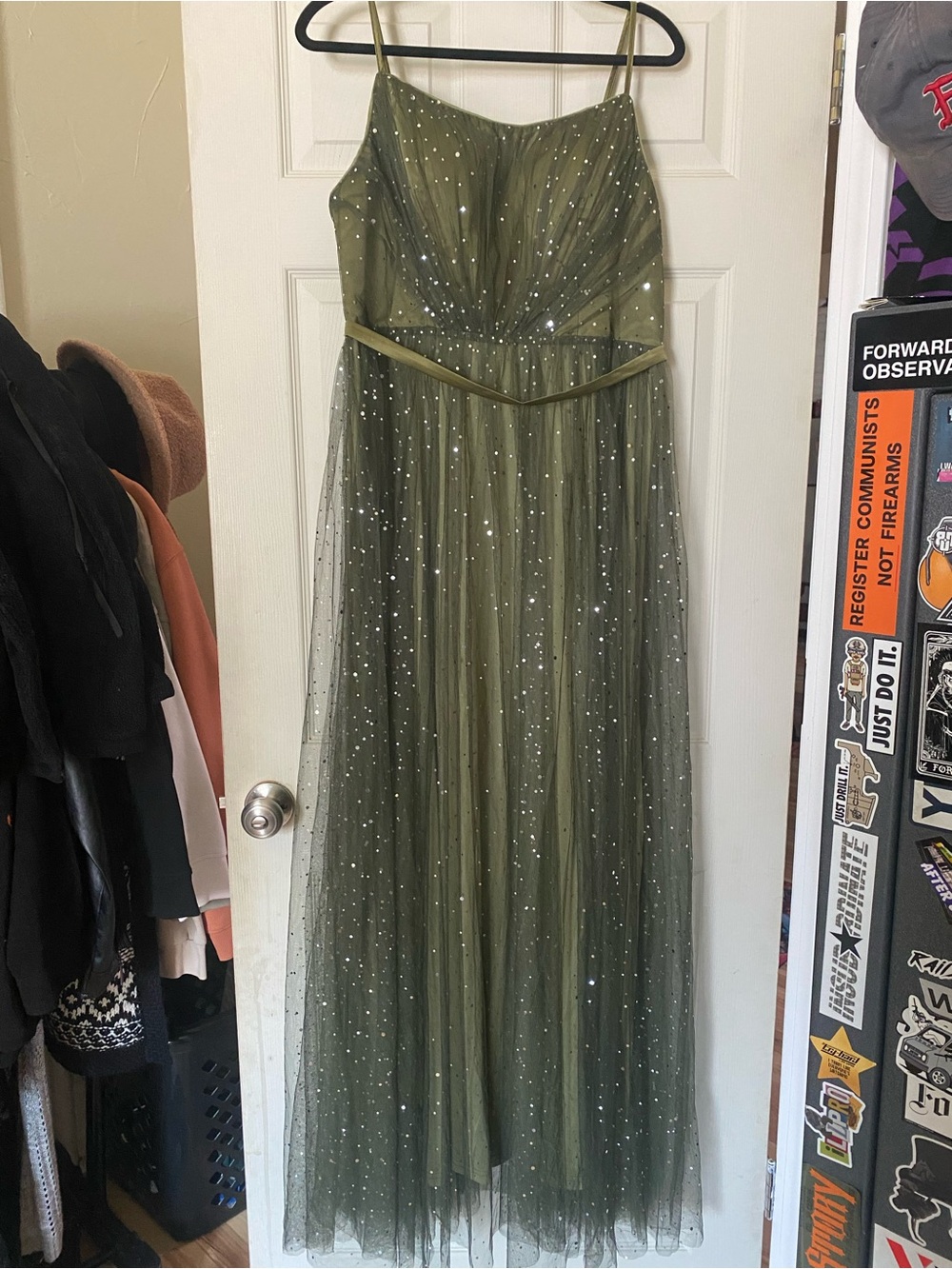 Olive Green Sparkle Tulle Evening Gown
